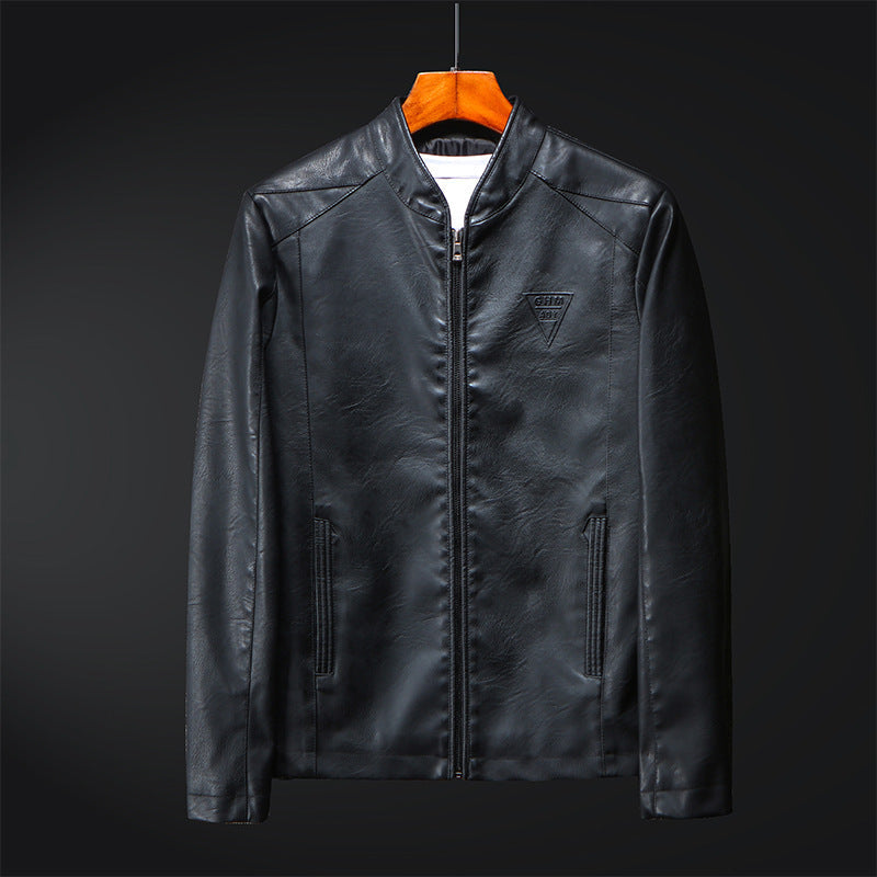 Herr Konstläder Blouson i Smal Passform med Fin Texture, Stående Krage och Dold Dragkedja