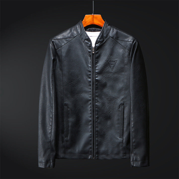 Herr Konstläder Blouson i Smal Passform med Fin Texture, Stående Krage och Dold Dragkedja