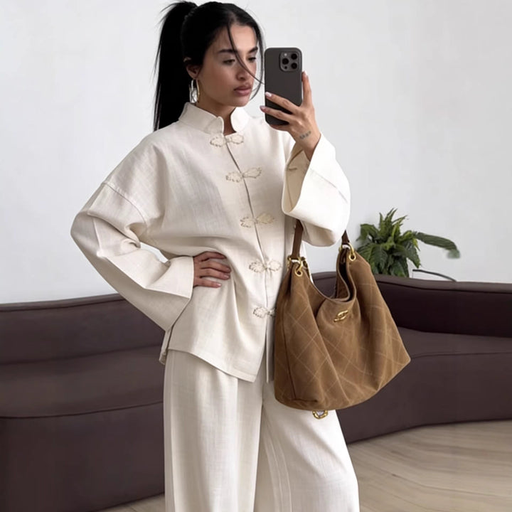 Dam oversize Mandarin jacka med Knot Closures och vid ärmar