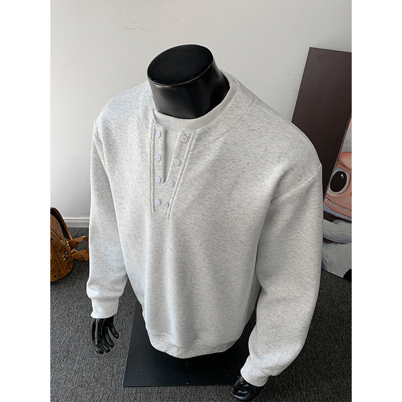 Herr Henley College-Tröja med Knapplist, Oversized Passform &amp; Ribbstickade Muddar