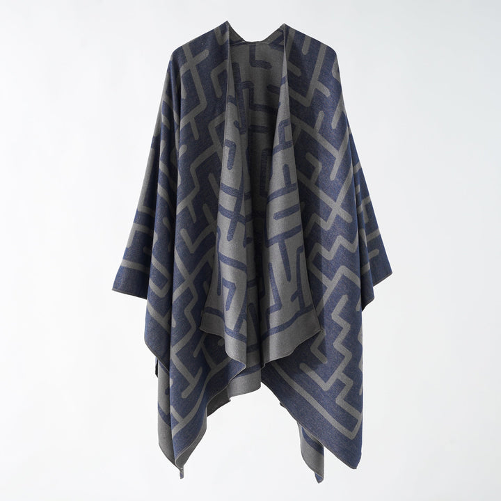 Dam Reversible Jacquard Ruana med Graphic mönster och Asymmetrical fåll