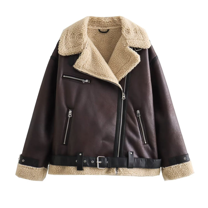Dam aviator jacka in biker stil med teddyfoder, konstläder trim och midjebälte