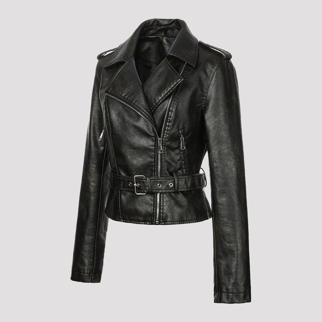 Dam kort jacka in biker stil gjord mjuk konstläder med asymmetrisk dragkedja och midjebälte