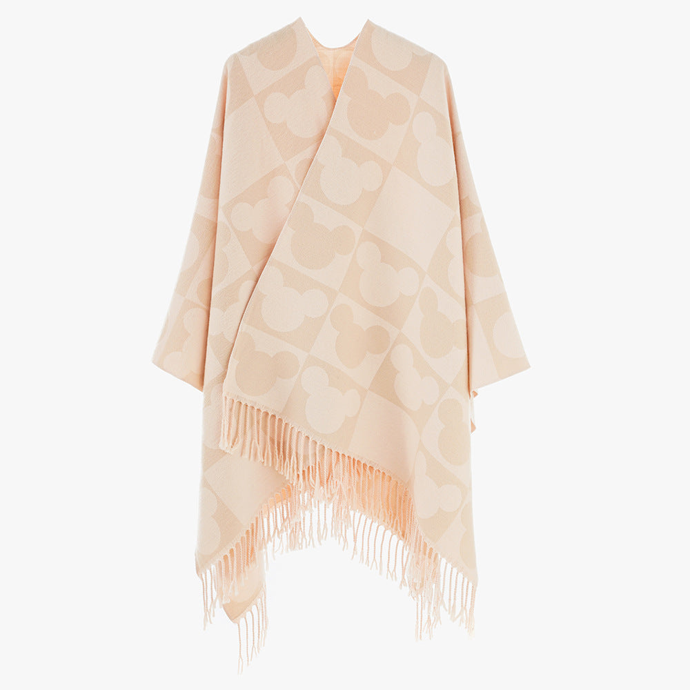 Dam Oversize Jacquard poncho med Graphic Head silhuett mönster och Fringes