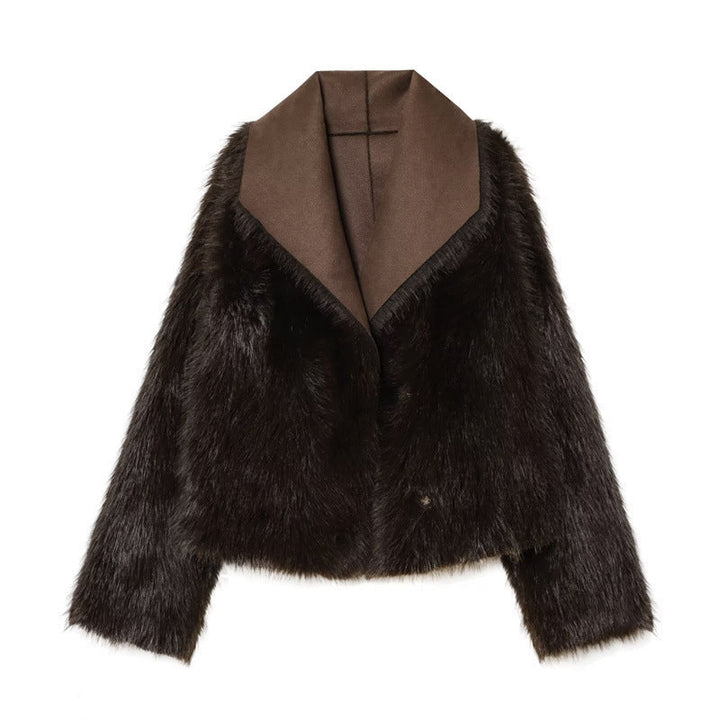 Dam Kort Lambskin Imitation Jacka med Stora Shawl Krage och Fur Kant