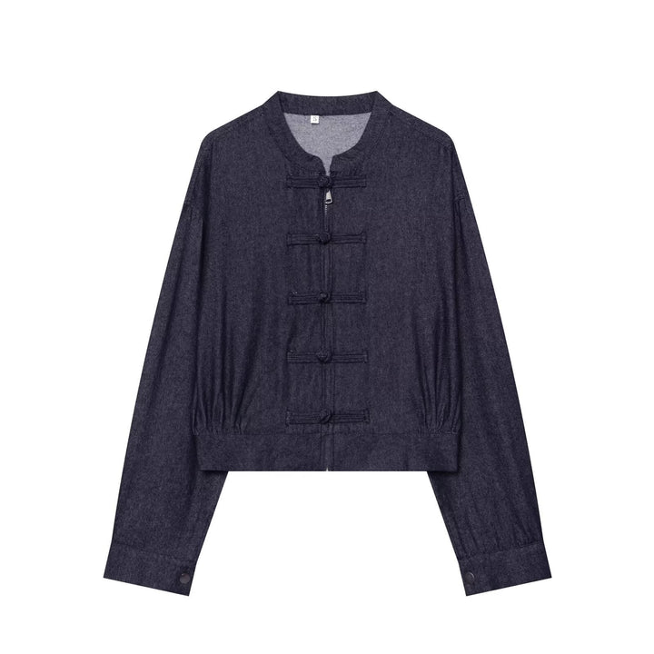 Dam Kort Blouson i China Stil med Stå Krage och Dekorativ Knot
