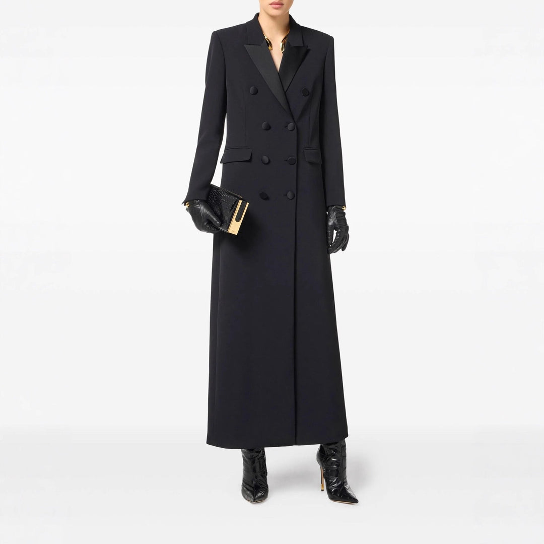 Dam double-breasted lång-skärning ull kappa med pointed lapel
