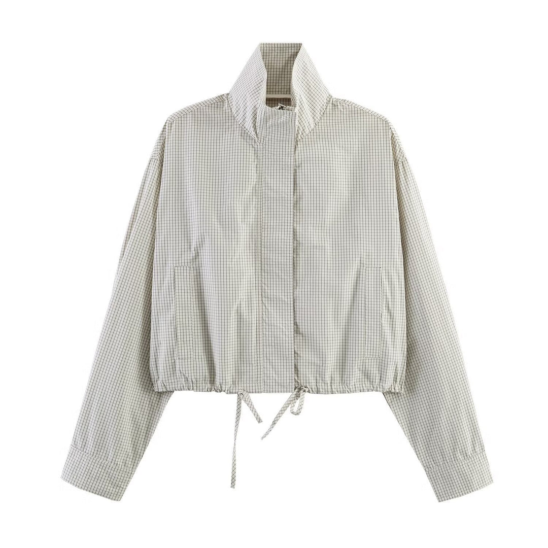 Dam kort Windbreaker med ståkrage, rutig mönster och dragsko