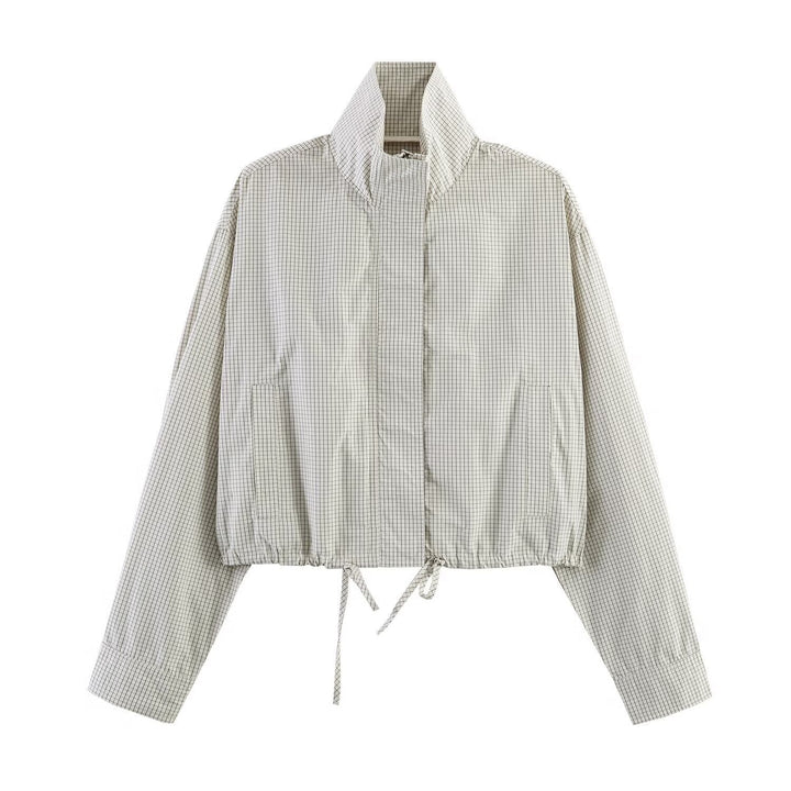 Dam kort Windbreaker med ståkrage, rutig mönster och dragsko