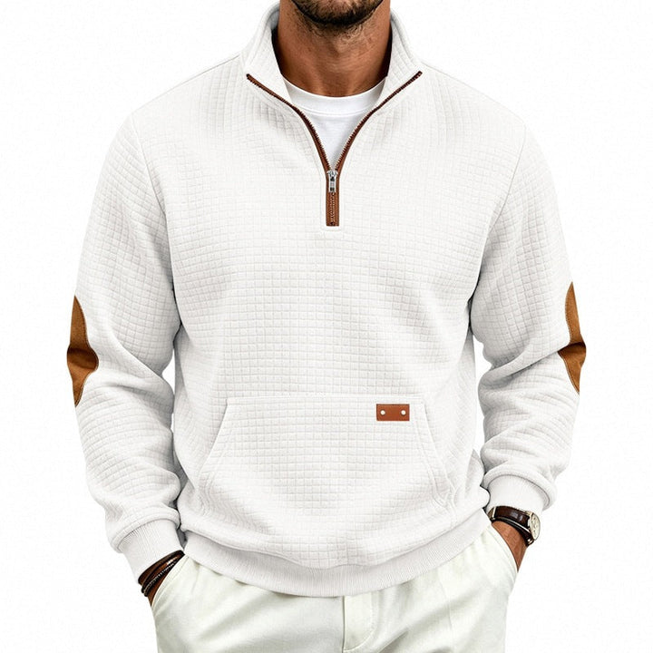 Herr Quiltad Structure Pullover med Halv Dragkedja, Elbow Lappar, och Känguruficka