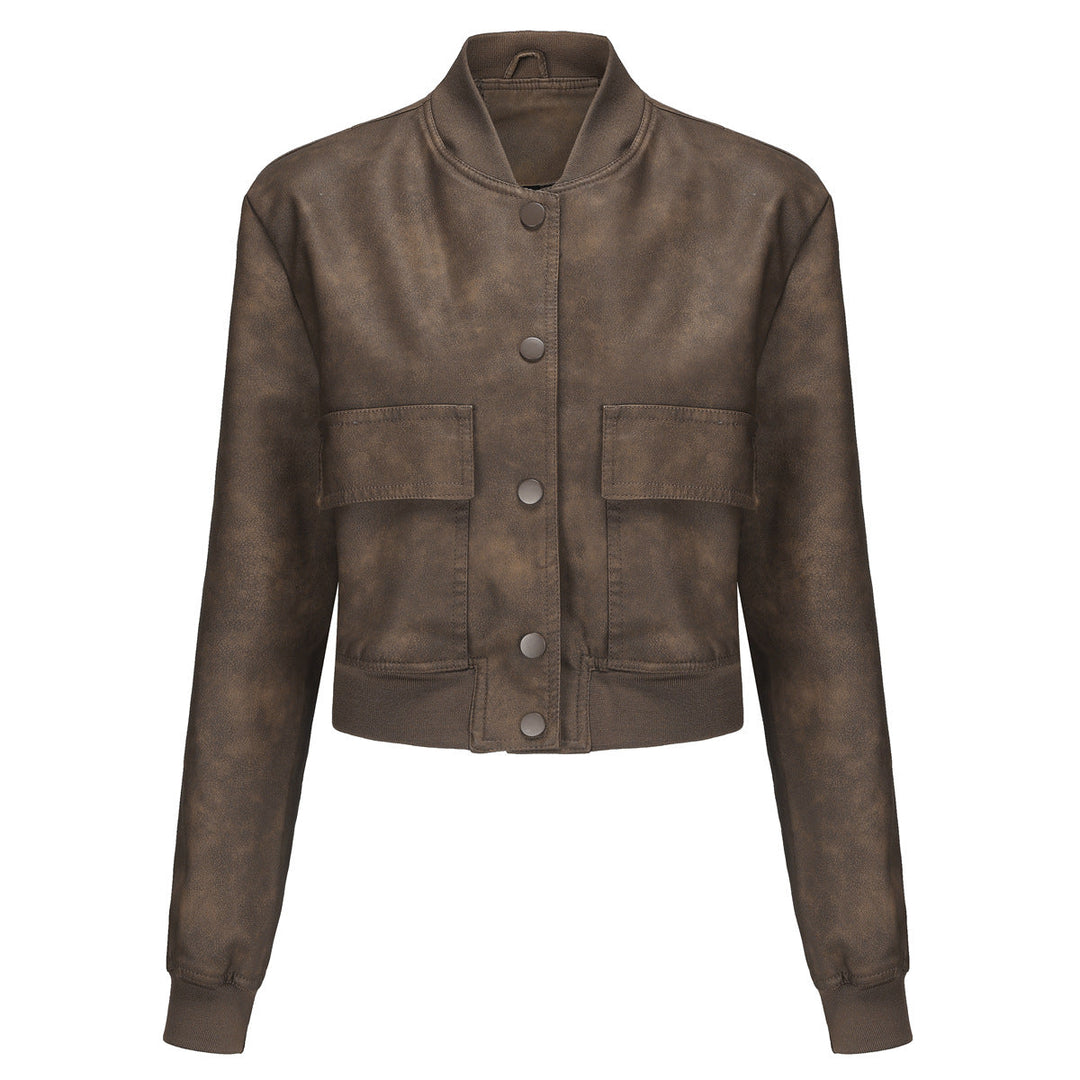 Dam kort crop konstläderjacka i blouson stil med snap front och flap fickor
