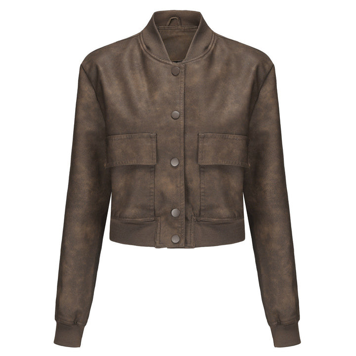 Dam kort crop konstläderjacka i blouson stil med snap front och flap fickor