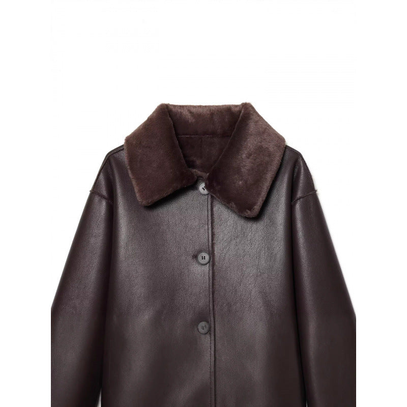 Dam Kort Reversible Sheepskin Jacka med Full Lapel Krage och Varm Teddy Foder