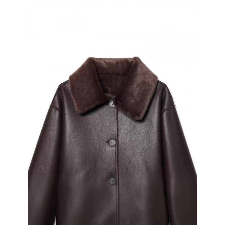 Dam Kort Reversible Sheepskin Jacka med Full Lapel Krage och Varm Teddy Foder
