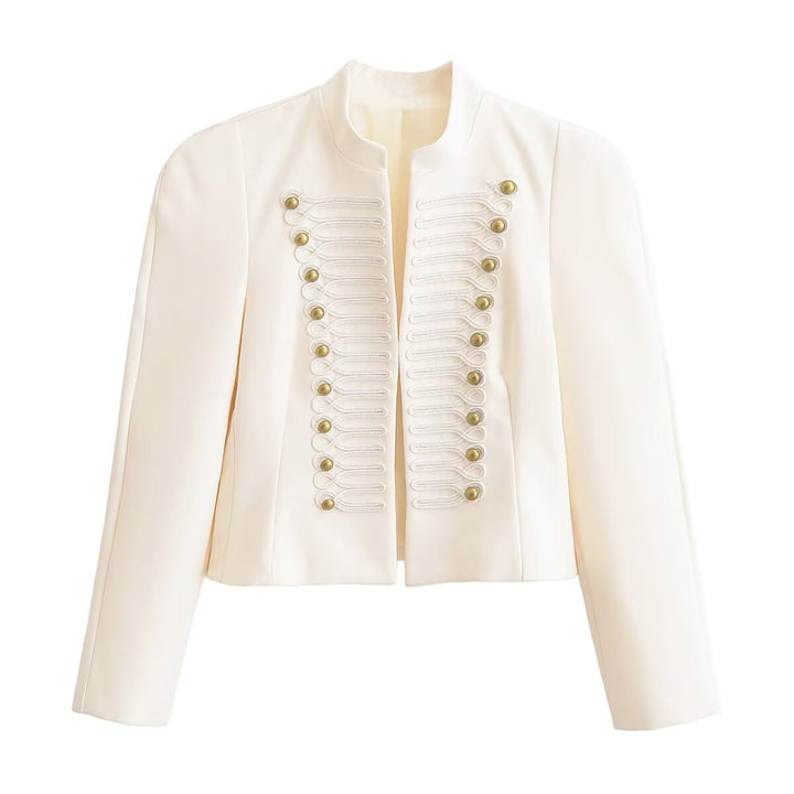 Dam Kort Jacka i Military Stil med Stå Krage &amp; Dekorativ Cord Embellishment