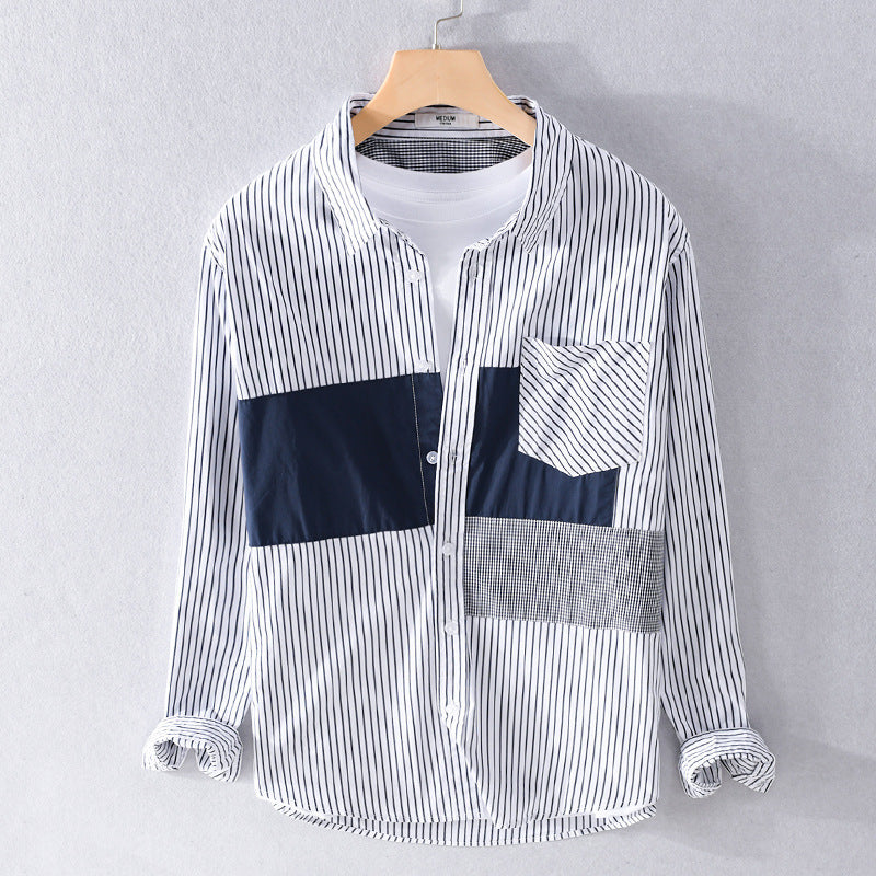 Herr Randig Overshirt med Färg Block Inlägg och Utanpå Bröstficka