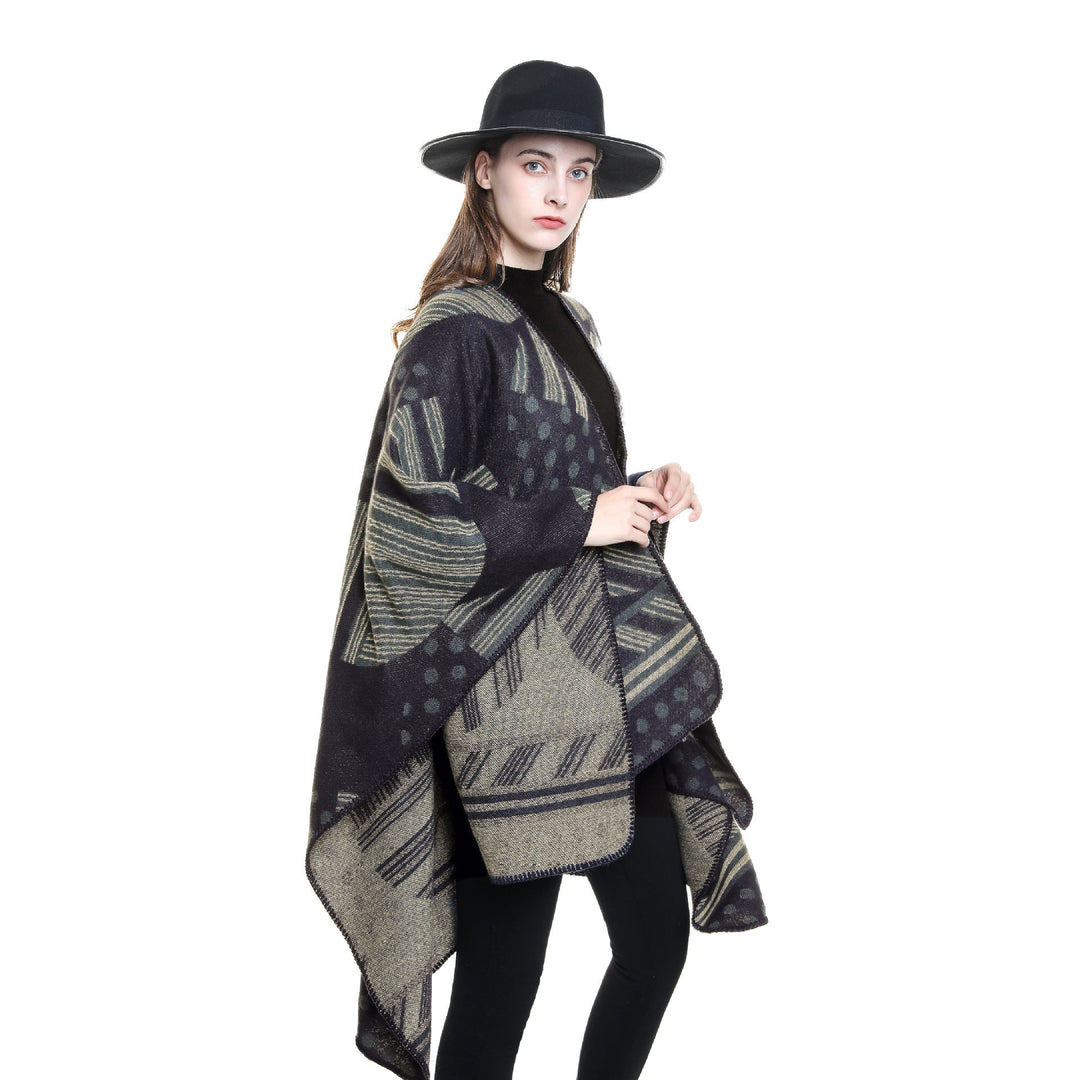 Dam Jacquard Ruana med graphic mönster och overlock edge