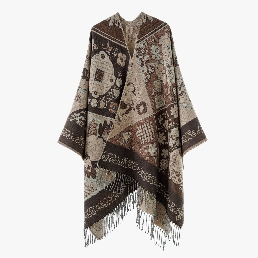 Dam Jacquard poncho med Boho Patchwork mönster och fransfåll