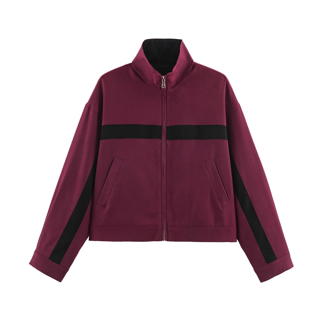 Dam Boxig Kort Övergångsjacka med Stå Krage, Contrast Stripes och Patch Fickor