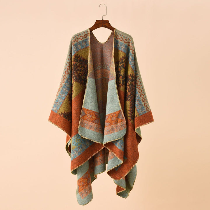 Dam Jacquard poncho Cape med Ethno mönster och ullblandning