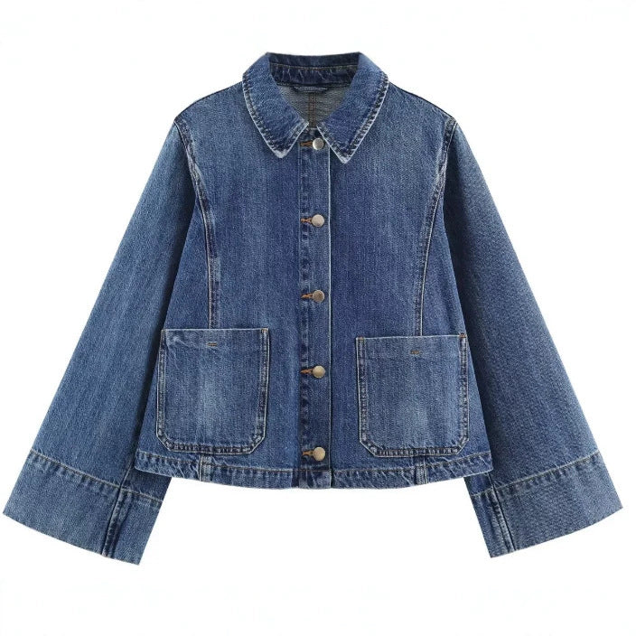 Dam Kort Boxig Jeans Jacka med Oversize Muddar och Patch Fickor