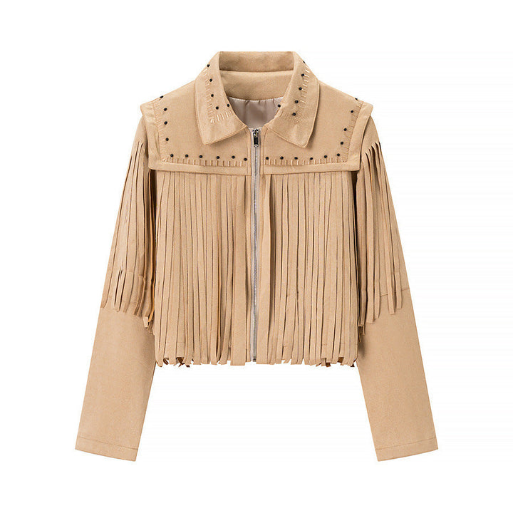 Dam kort Fringe mocka jacka in Western stil med Studded Accents och fram dragkedja