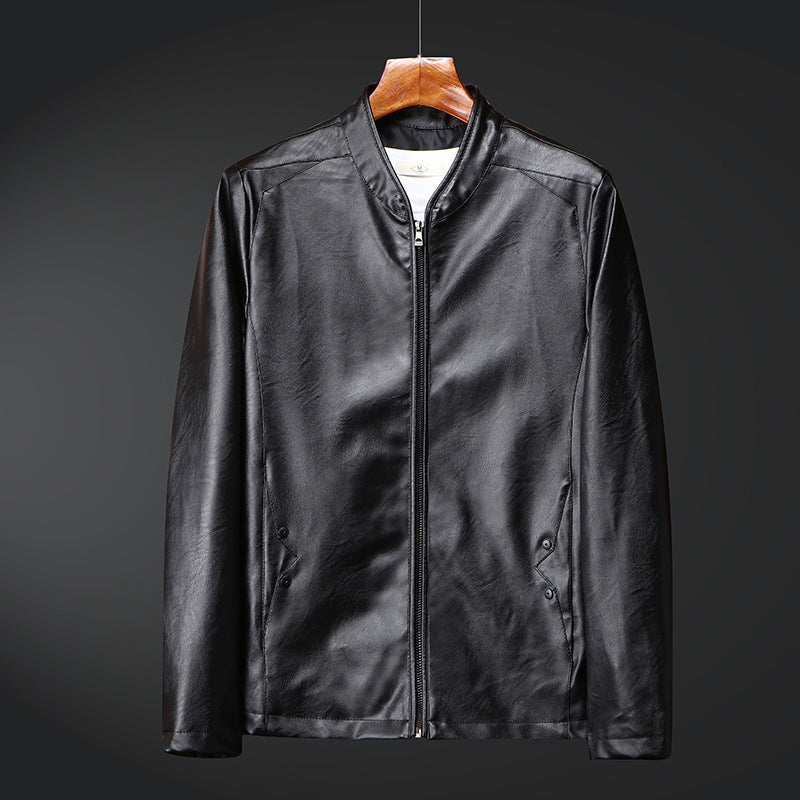 Herr Smal Synthetic Läder Blouson med Standing Krage och Tvåvägsdragkedja