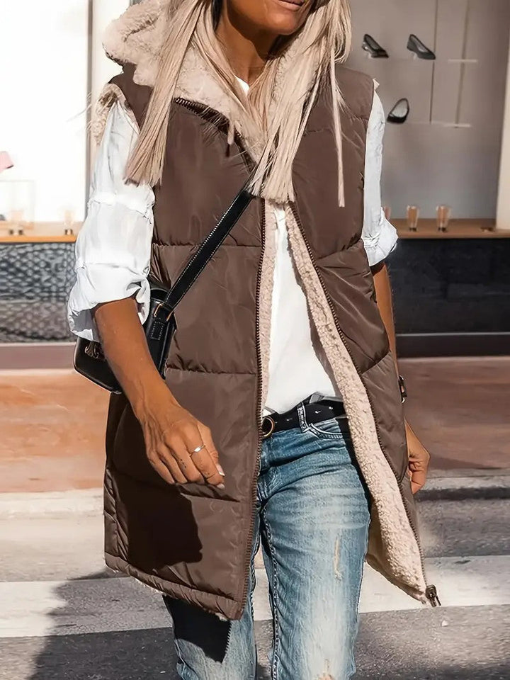 Dam vadderad Hooded väst med Teddy foder och sidofickor