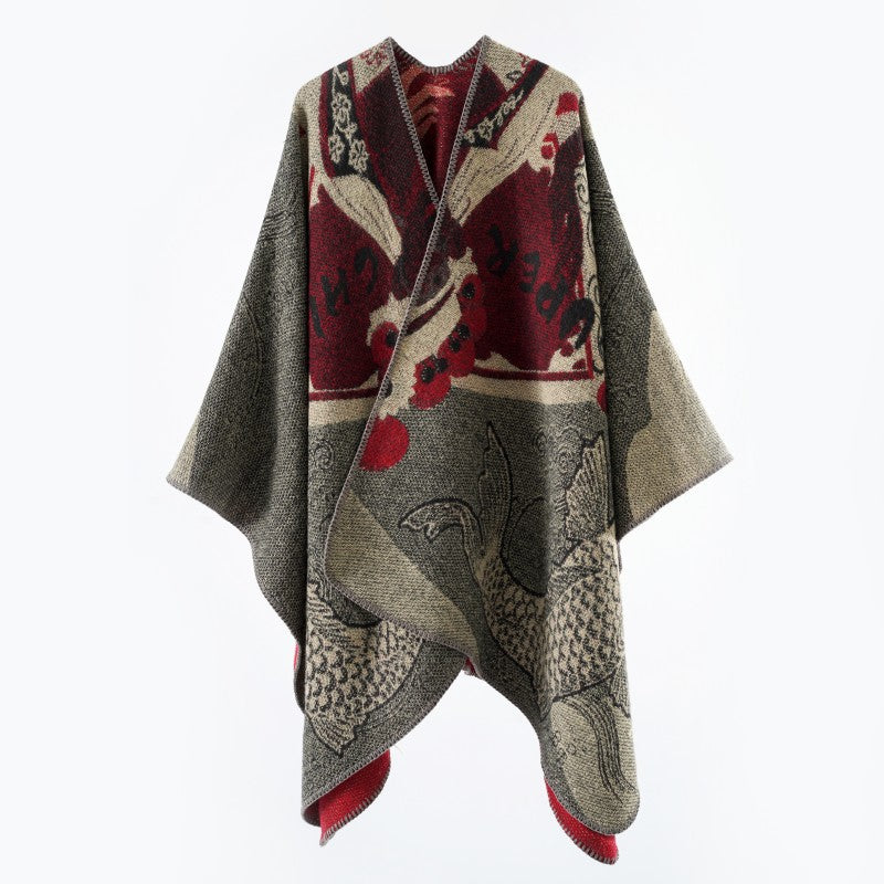 Dam Jacquard stickad Cape med Koi Motif och bred Oversize Fall