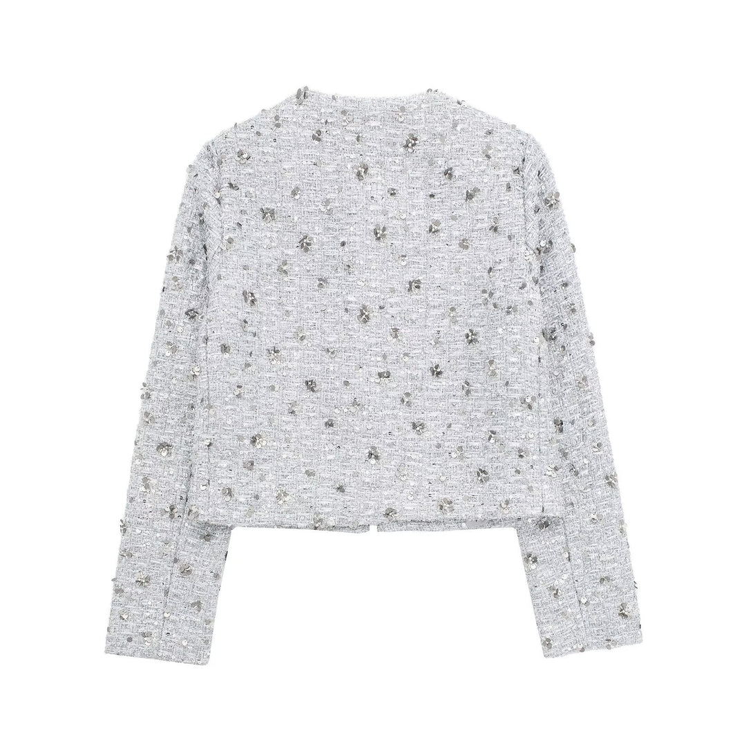 Dam kort-skärning Boucle Tweed jacka med floral sequin appliqué och öppen front