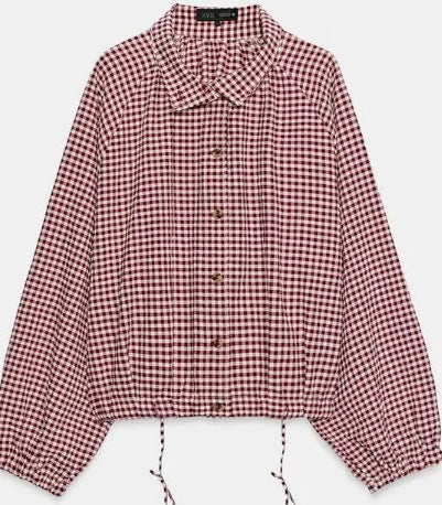 Dam Kort Blouse Jacka i Rutig Mönster med Hög Krage och Drawstring Nederkant