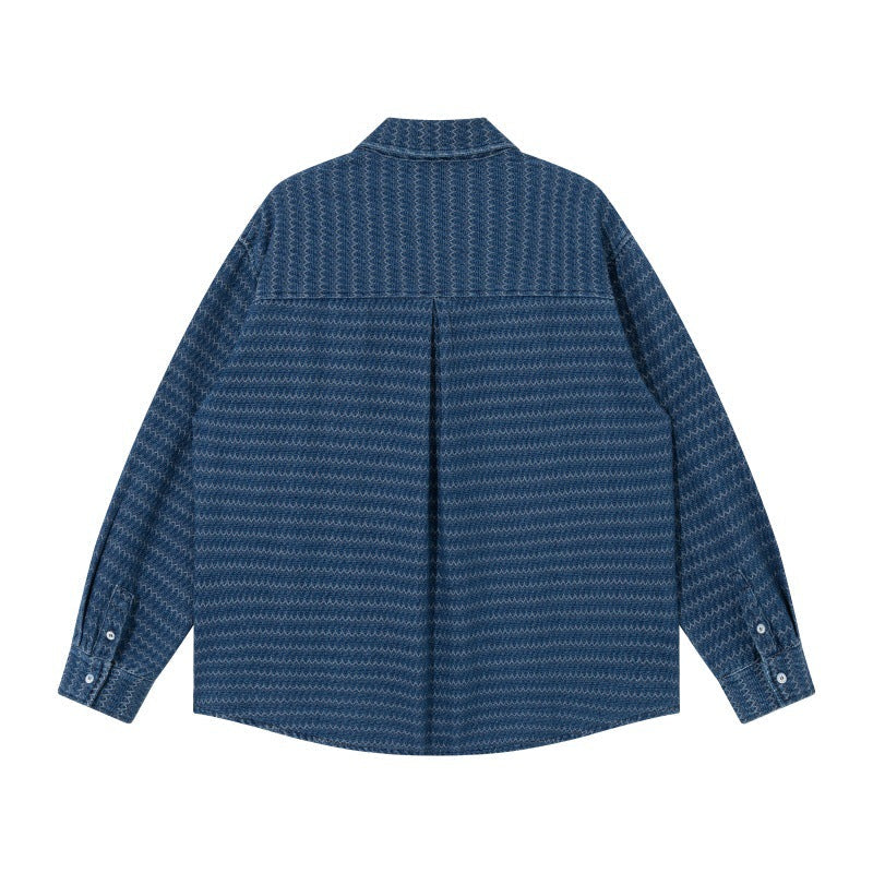Unisex Strukturerad Bomull Overshirt Jacka med Zigzag Jacquard och Lapp Bröst Fickor
