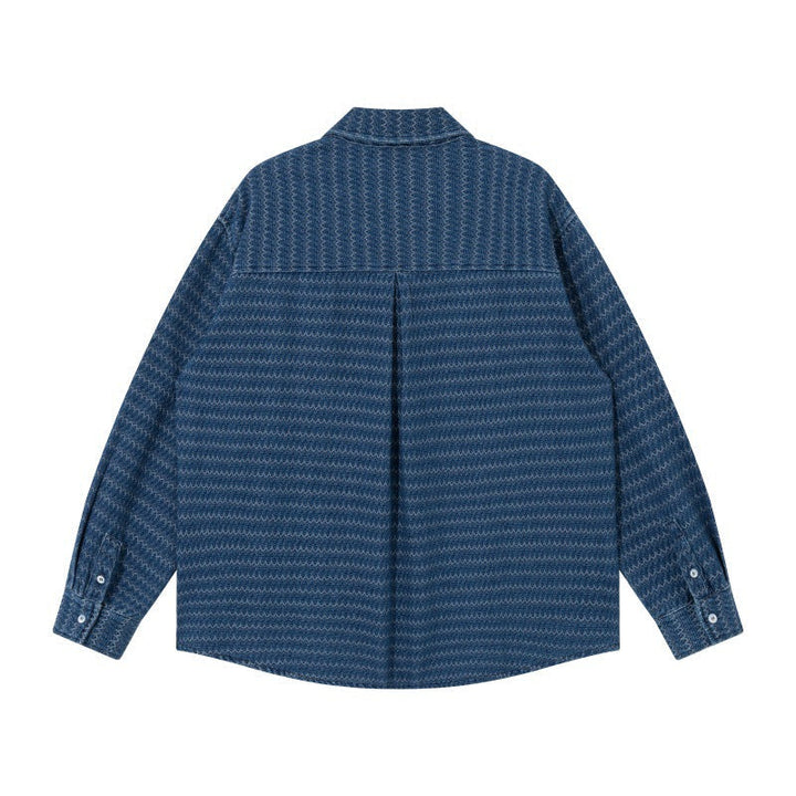 Unisex Strukturerad Bomull Overshirt Jacka med Zigzag Jacquard och Lapp Bröst Fickor