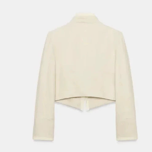 Dam Kort Military Blazer med Stå Krage, Dekorativ Knapp-Free Row och Pleated Ärmar