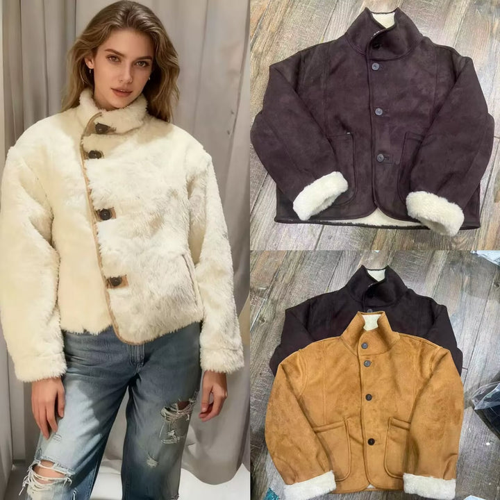 Dam Kort Sheepskin Look Jacka med Ståkrage och Stor Utanpåfickor