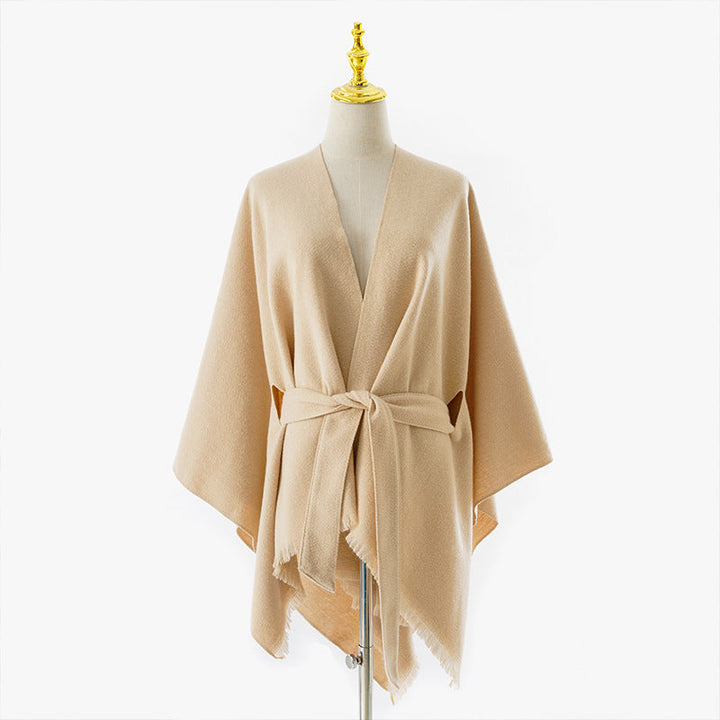 Dam Wrap poncho med Tie bälte, V-Neck och Fringed fåll