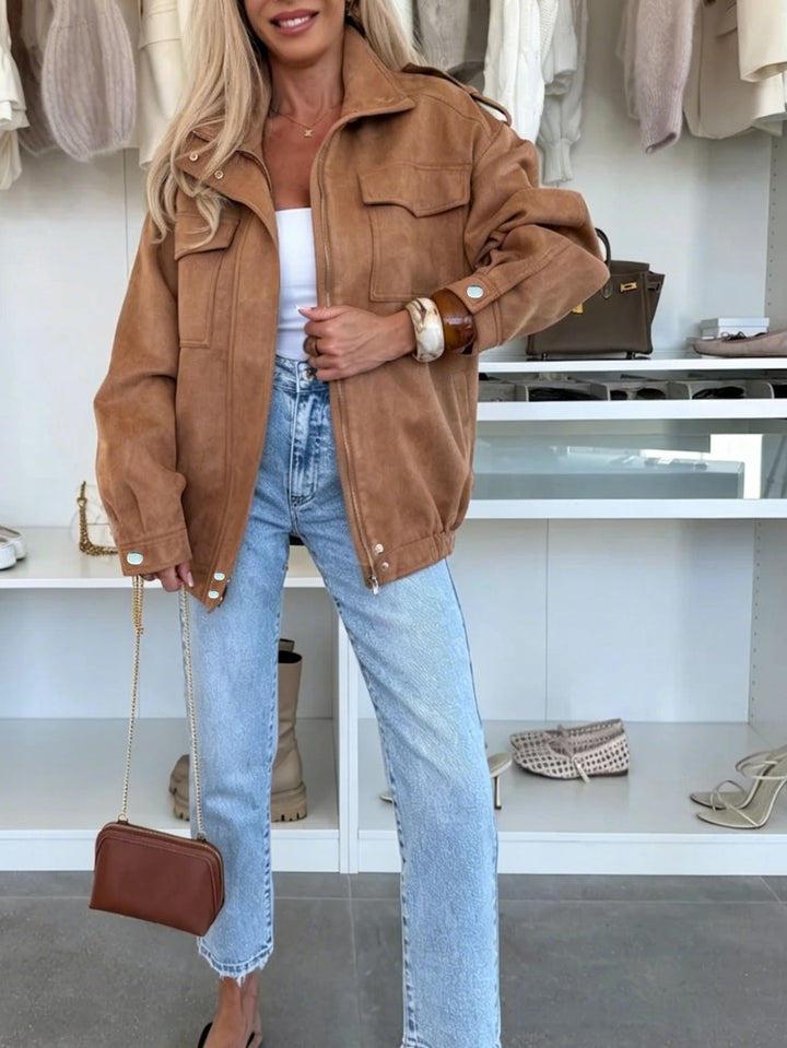 Dam oversize jacka in mocka look med bröstfickor och Epaulettes