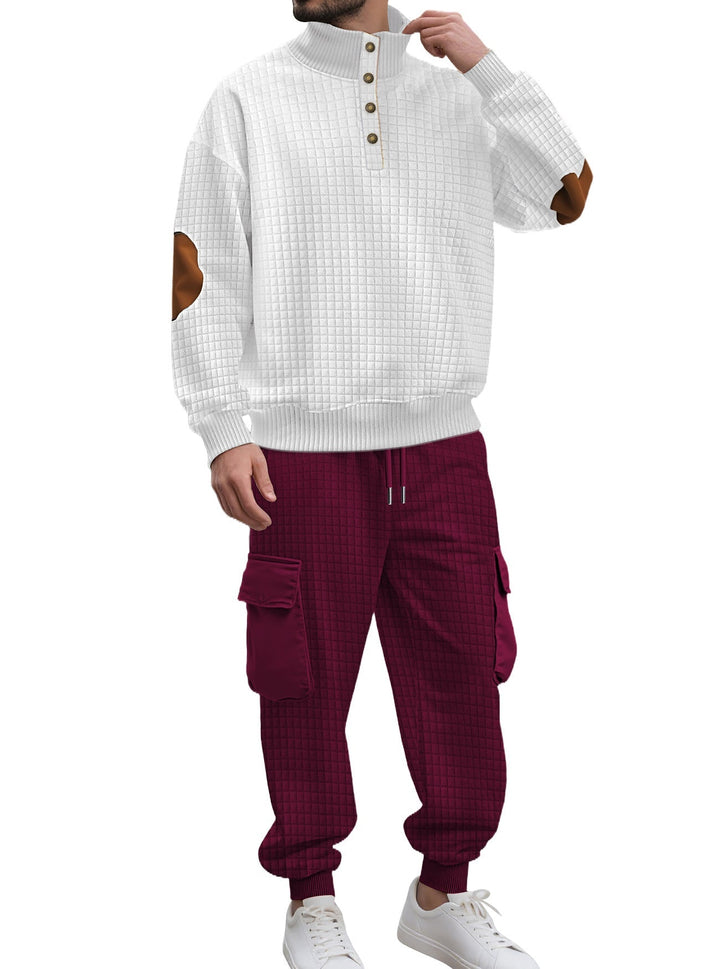 Herr Check Relief Sweat Set med Ståkrage Knapplist, Velour Elbow Lappar och Cargo Jogger