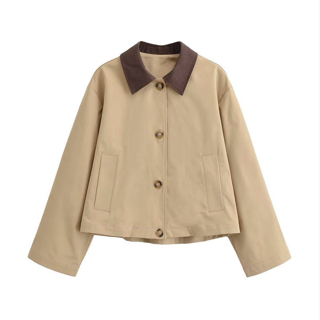 Dam Kort Skärning Blouson Jacka med Contrast Krage och Avslappnad Boxig Silhuett