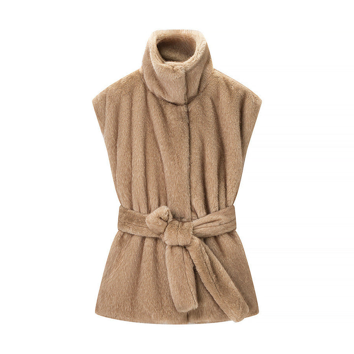 Dam ärmlös Faux Fur väst med hög ståkrage och skräddad knytband