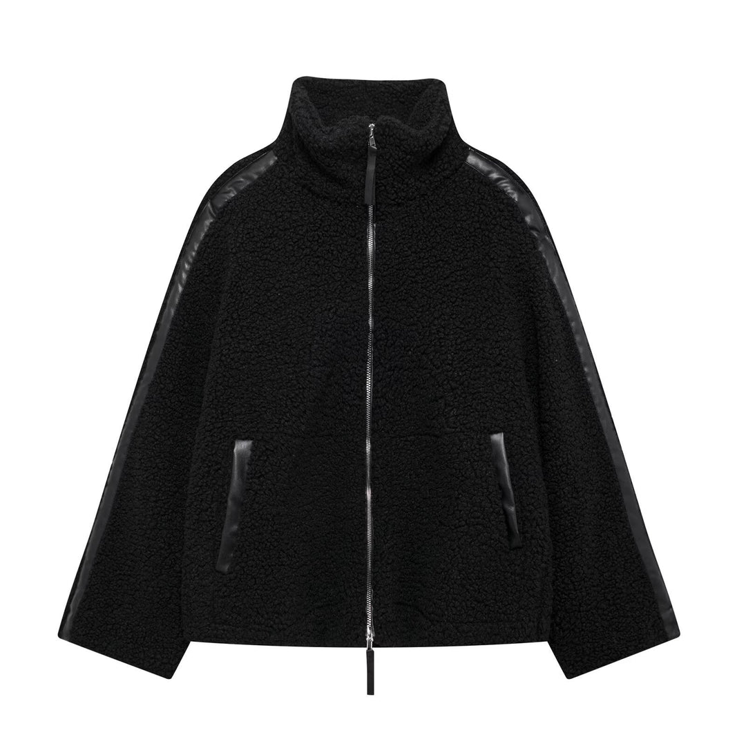 Dam Teddyfleecejacka med Stå Krage och Läder-Look Details