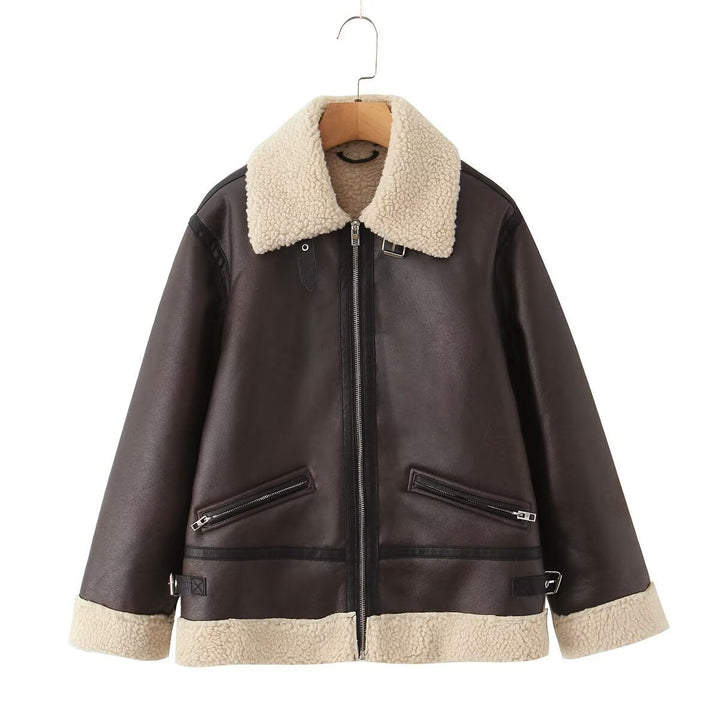 Dam Oversized Pilot Jacka Gjord av Konstläder med Teddy Krage och Fickor med Dragkedja