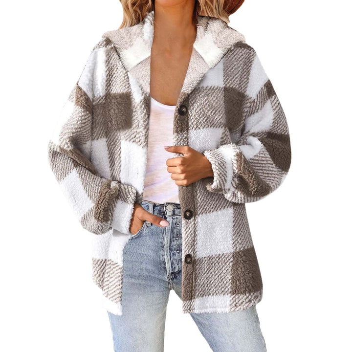 Dam fluffy rutig teddy jacka med huva, button closure och oversized passform