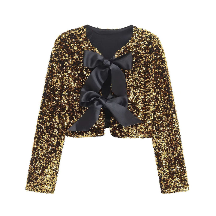 Dam sequin bolero jacka med double bow closure, vadderad foder och figurnära cropped skärning