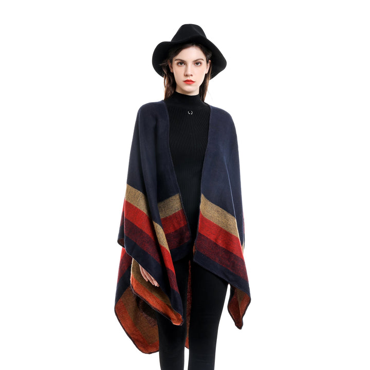 Dam ull-look poncho med asymmetrical block stripes och decorative stitch edge