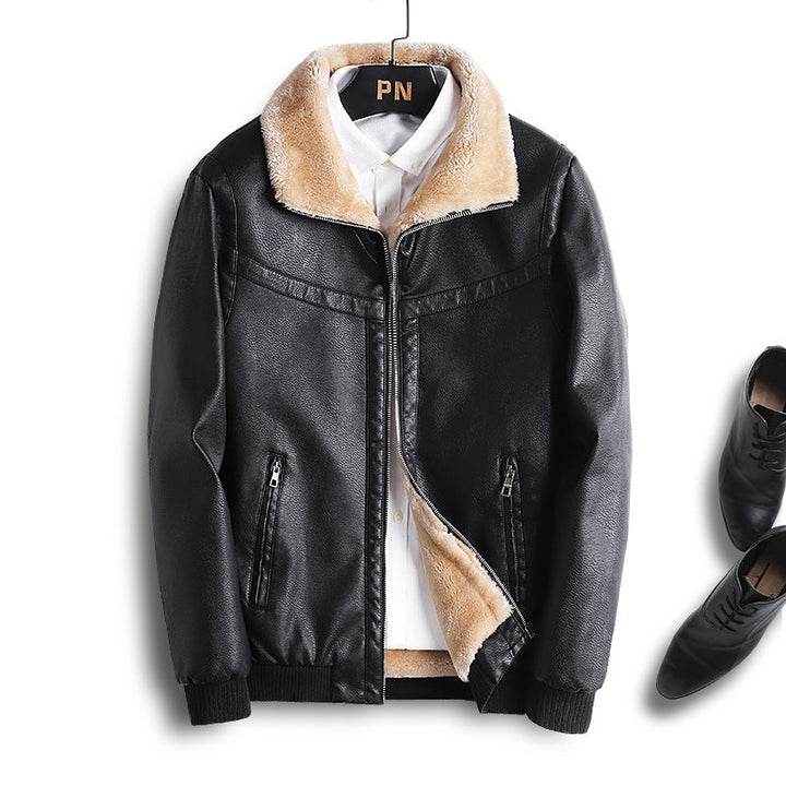 Herr Läder Imitation Pilot Jacka med Teddyfoder och Faux Fur Krage