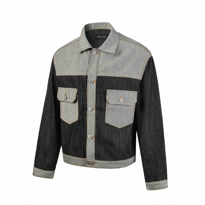 Herr cropped patcharbete denimjacka med fickor med lock och constructive söm guidance