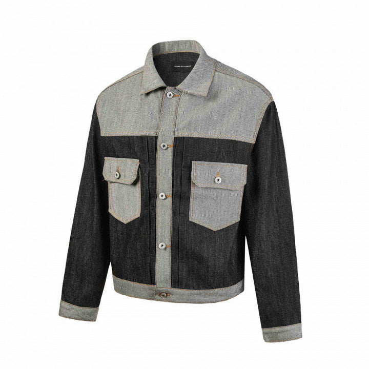 Herr cropped patcharbete denimjacka med fickor med lock och constructive söm guidance