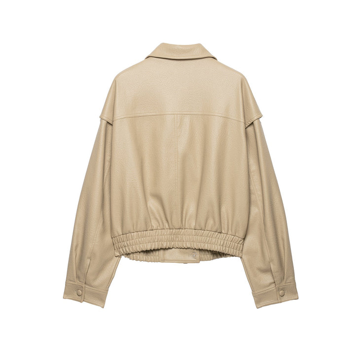 Dam Kort Jacka Tillverkad av Faux Läder med Wide Lapels och Gathered Nederkant