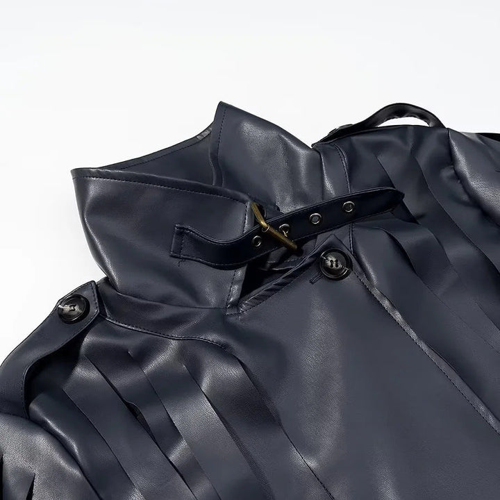 Dam konstläder blouse jacka med randig fringes, ståkrage och midjebälte